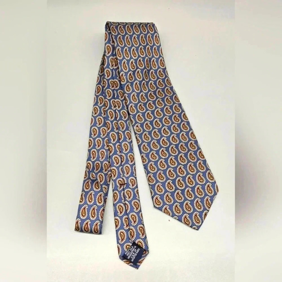 #353 Land's End Light Blue Tan Red Paisley Print Silk Tie - Picture 2 of 3
